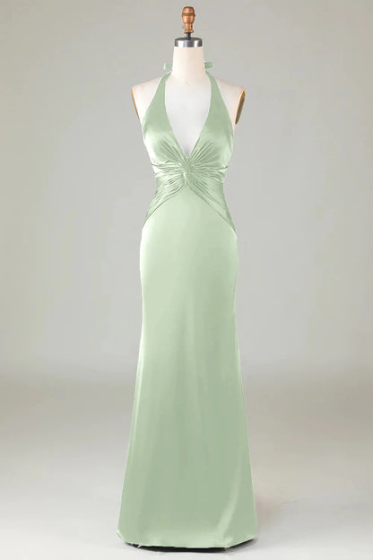 Dusty Sage Satin Sheath Halter Long Bridesmaid Dress
