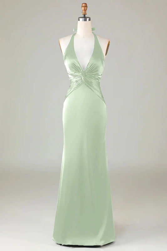 Dusty Sage Satin Sheath Halter Long Bridesmaid Dress