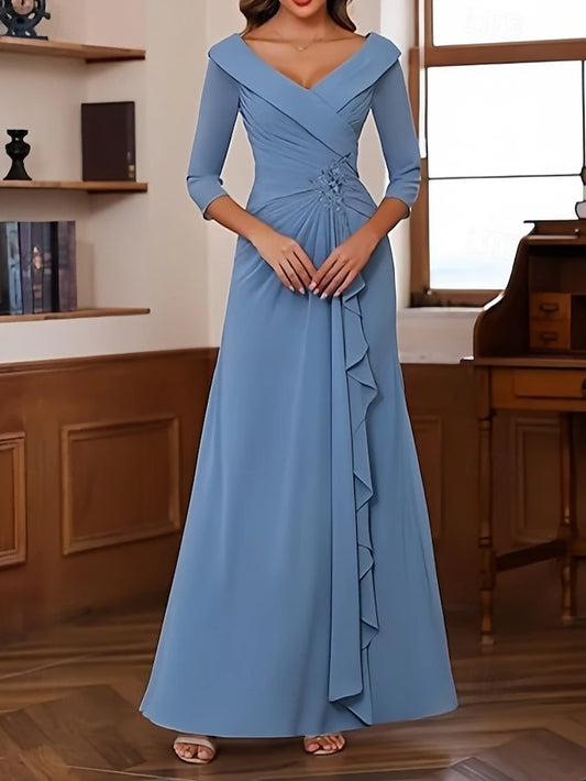 A-Line Wedding Guest Dresses Elegant Dress Wedding Guest Engagement Floor Length 3/4 Length Sleeve V Neck Chiffon with Pleats Ruched Beading