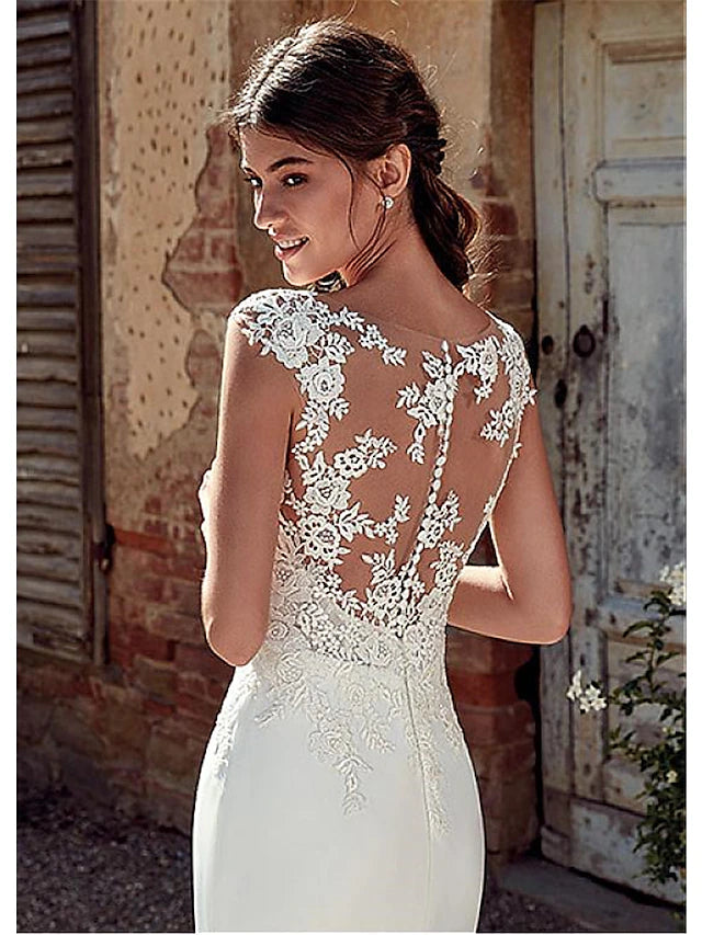 Beach Wedding Beach Open Back Wedding Dresses Mermaid Illusion Neck Cap Sleeve Court Train Chiffon Bridal Gowns With Appliques