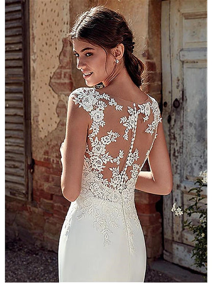 Beach Wedding Beach Open Back Wedding Dresses Mermaid Illusion Neck Cap Sleeve Court Train Chiffon Bridal Gowns With Appliques