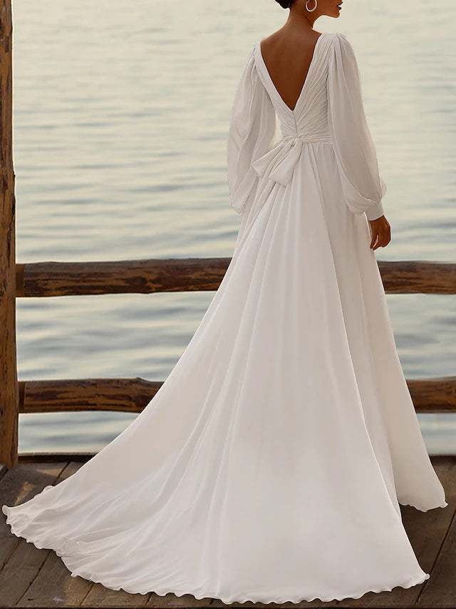 Beach Wedding Formal Simple Wedding Dresses A-Line V Neck Long Sleeve Court Train Chiffon Bridal Gowns With Pleats Ruched