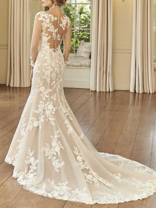 Gold Dress Engagement Formal Wedding Dresses Mermaid Illusion Neck Long Sleeve Court Train Lace Bridal Gowns With Embroidery dress to impress