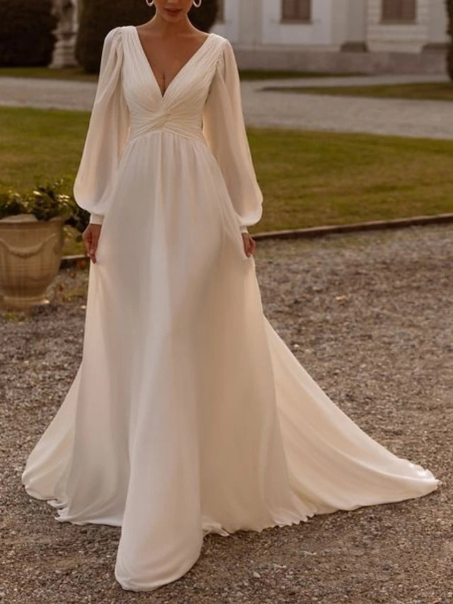 Beach Wedding Formal Simple Wedding Dresses A-Line V Neck Long Sleeve Court Train Chiffon Bridal Gowns With Pleats Ruched