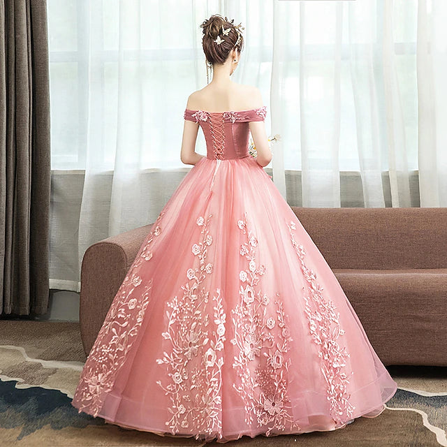 Ball Gown Floor Length Prom Dresses Princess Puffy Sleeveless Off Shoulder Performance Quinceanera Polyester with Appliques