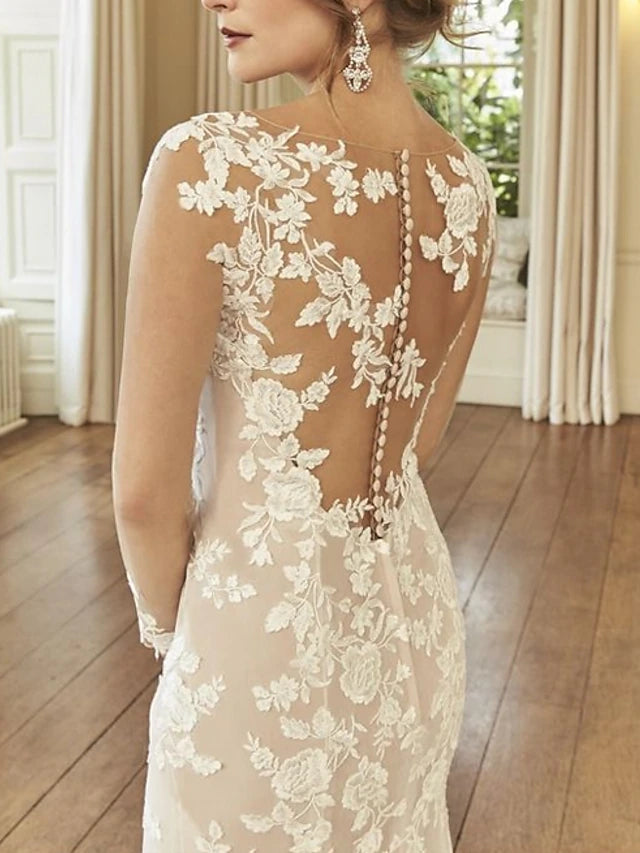 Gold Dress Engagement Formal Wedding Dresses Mermaid Illusion Neck Long Sleeve Court Train Lace Bridal Gowns With Embroidery dress to impress