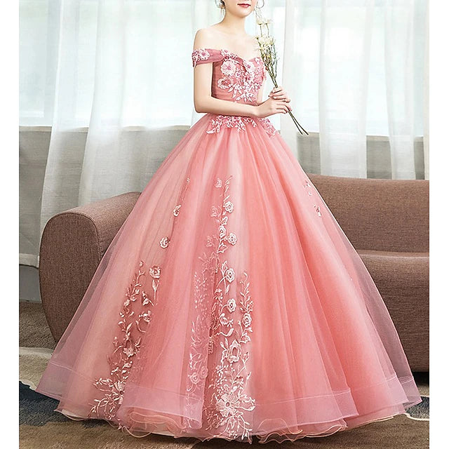 Ball Gown Floor Length Prom Dresses Princess Puffy Sleeveless Off Shoulder Performance Quinceanera Polyester with Appliques