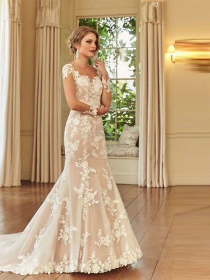 Gold Dress Engagement Formal Wedding Dresses Mermaid Illusion Neck Long Sleeve Court Train Lace Bridal Gowns With Embroidery dress to impress