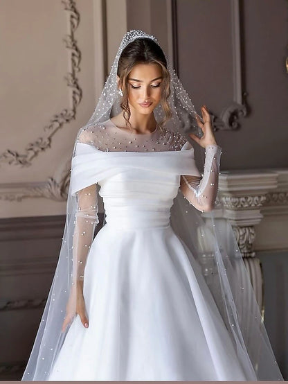 Beach Simple Wedding Dresses Formal Wedding Dresses A-Line Illusion Neck Long Sleeve Floor Length Tulle Bridal Gowns With Ruched Beading