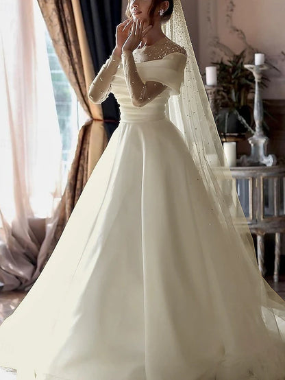 Beach Simple Wedding Dresses Formal Wedding Dresses A-Line Illusion Neck Long Sleeve Floor Length Tulle Bridal Gowns With Ruched Beading