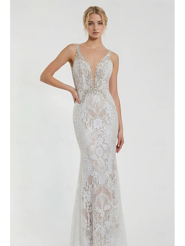 Beach Wedding Beach Open Back Sexy Boho Wedding Dresses Mermaid V Neck Sleeveless Court Train Lace Bridal Gowns With Appliques