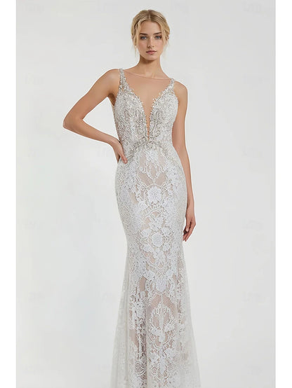 Beach Wedding Beach Open Back Sexy Boho Wedding Dresses Mermaid V Neck Sleeveless Court Train Lace Bridal Gowns With Appliques