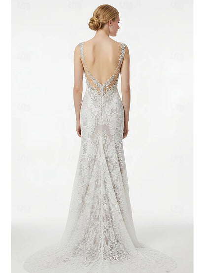 Beach Wedding Beach Open Back Sexy Boho Wedding Dresses Mermaid V Neck Sleeveless Court Train Lace Bridal Gowns With Appliques