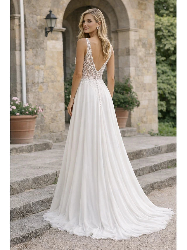 Beach Wedding Dresses A-Line V Neck Sleeveless Floor Length Chiffon Bridal Gowns With Appliques Split Front