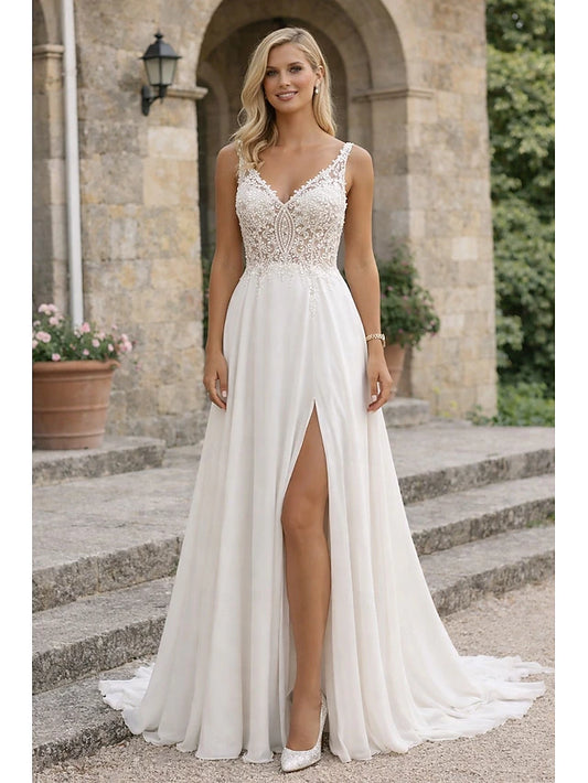 Beach Wedding Dresses A-Line V Neck Sleeveless Floor Length Chiffon Bridal Gowns With Appliques Split Front