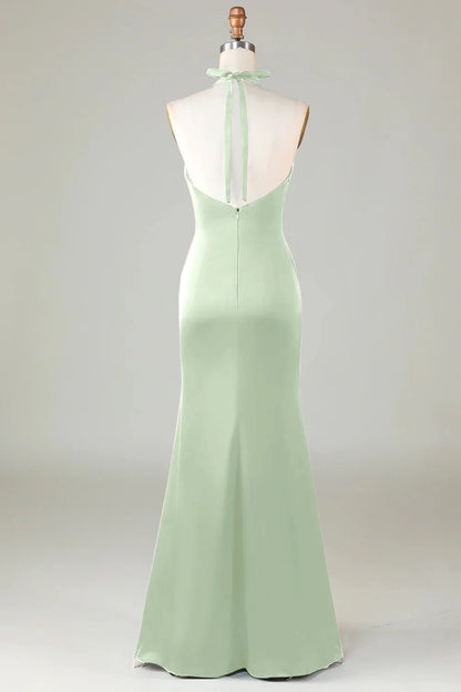 Dusty Sage Satin Sheath Halter Long Bridesmaid Dress