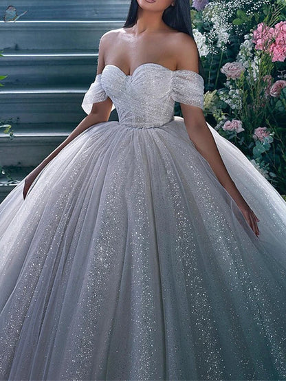 Engagement Sparkle & Shine Formal Wedding Dresses Ball Gown Off Shoulder Cap Sleeve Chapel Train Sequined Bridal Gowns With Solid Color