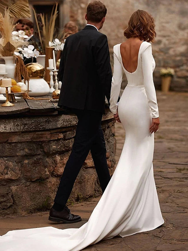 Beach Wedding Reception Open Back Royal Style Simple Wedding Dresses Mermaid/Trumpet Square Neck Long Sleeve Court Train Satin Bridal Gowns With Solid Color Summer