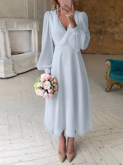 Beach Wedding Reception Little White Dress Bridal Shower Dresses Wedding Dresses A-Line V Neck Long Sleeve Ankle Length Chiffon Bridal Gowns With Solid Color