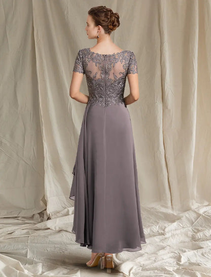 A-Line Lace Dress Mother of the Bride Dress Wedding Guest Elegant Plus Size High Low V Neck Tea Length Chiffon Lace Short Sleeve with Pleats Appliques dress