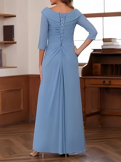 A-Line Wedding Guest Dresses Elegant Dress Wedding Guest Engagement Floor Length 3/4 Length Sleeve V Neck Chiffon with Pleats Ruched Beading