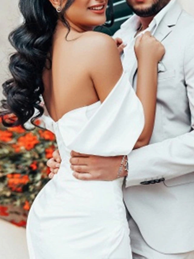 Hall Casual Simple Wedding Dresses Sheath Off Shoulder Cap Sleeve Court Train Satin Bridal Gowns With Ruched Split Front