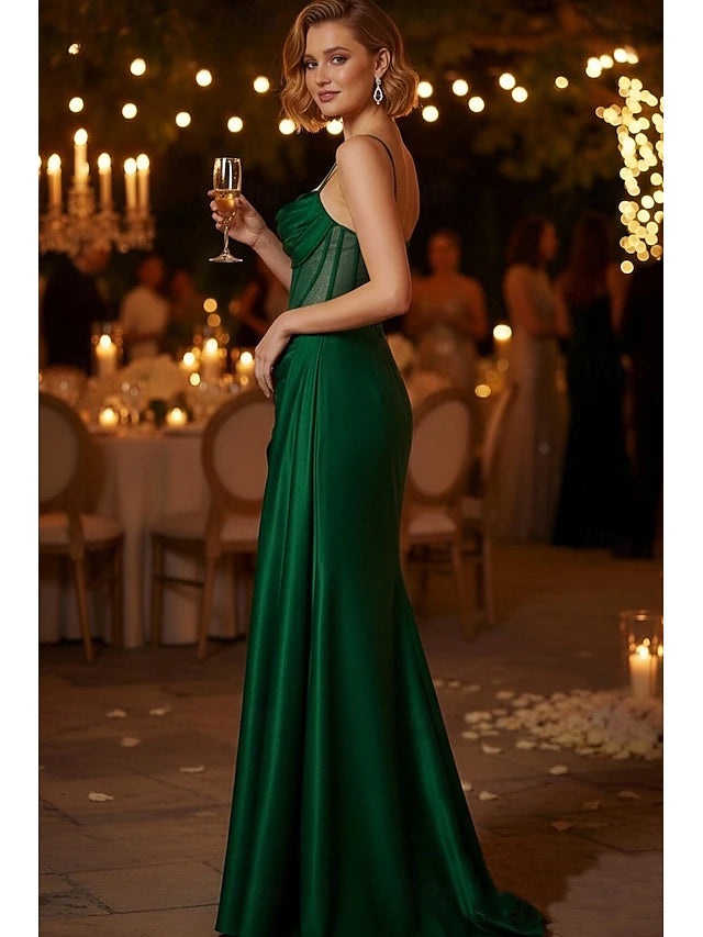 A-Line Sheath Column Floor Length Prom Dress Party Dress Overskirt Dress Evening Gown Elegant Party Glittering Sleeveless Spaghetti Strap Prom Wedding Backless with Glitter Ruched