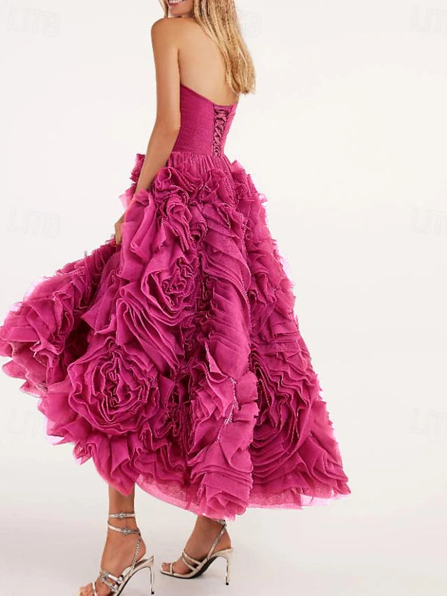 Beach Wedding A-Line Prom Dresses Floral Dress Wedding Guest Quinceanera Ankle Length Sleeveless Strapless Tulle Backless with Ruched