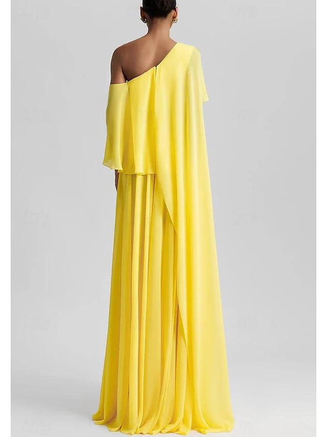 A-Line Floor Length Prom Dresses Elegant Sleeveless One Shoulder Formal Wedding Guest Stretch Chiffon with Ruffles Slit