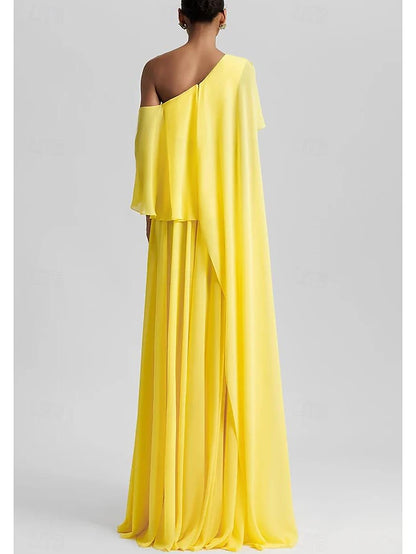 A-Line Floor Length Prom Dresses Elegant Sleeveless One Shoulder Formal Wedding Guest Stretch Chiffon with Ruffles Slit