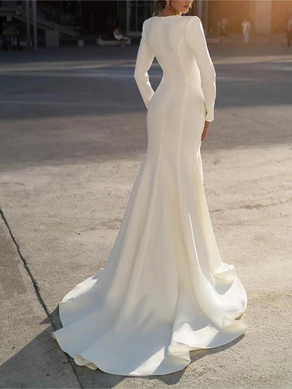 Formal Wedding Dresses Mermaid V Neck Long Sleeve Sweep / Brush Train Chiffon Bridal Gowns With Beading Solid Color