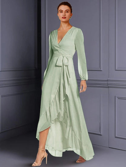 A-Line Mother of the Bride Dress Wedding Guest Elegant High Low V Neck Asymmetrical Tea Length Chiffon Long Sleeve with Ruched Split Front