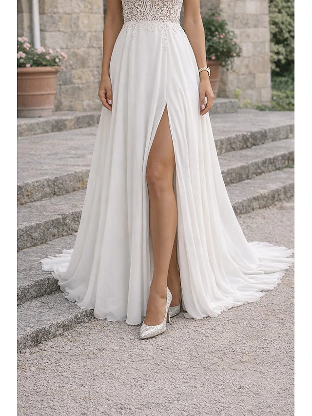 Beach Wedding Dresses A-Line V Neck Sleeveless Floor Length Chiffon Bridal Gowns With Appliques Split Front