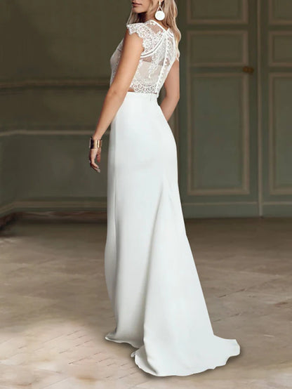 Beach Boho Wedding Dresses Mermaid Illusion Neck Cap Sleeve Sweep / Brush Train Chiffon Bridal Suits Bridal Gowns With Appliques