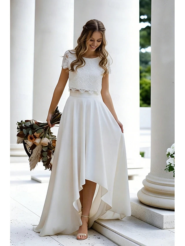 Beach Wedding Little White Dresses Wedding Dresses Two Piece Boat Neck Cap Sleeve Asymmetrical Lace Bridal Suits Bridal Gowns With Solid Color