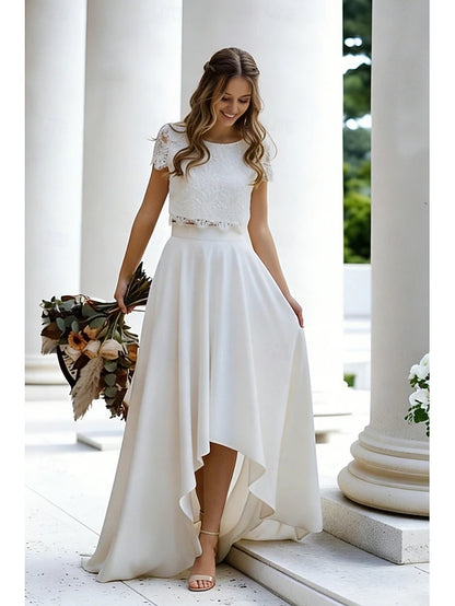 Beach Wedding Little White Dresses Wedding Dresses Two Piece Boat Neck Cap Sleeve Asymmetrical Lace Bridal Suits Bridal Gowns With Solid Color