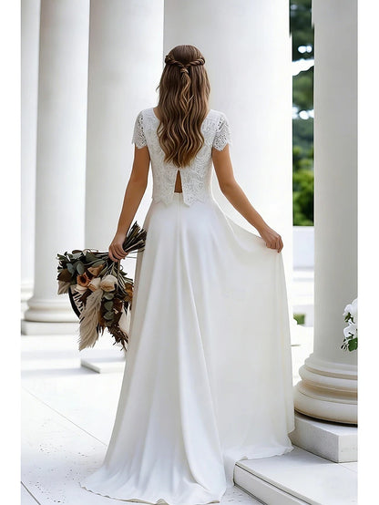 Beach Wedding Little White Dresses Wedding Dresses Two Piece Boat Neck Cap Sleeve Asymmetrical Lace Bridal Suits Bridal Gowns With Solid Color