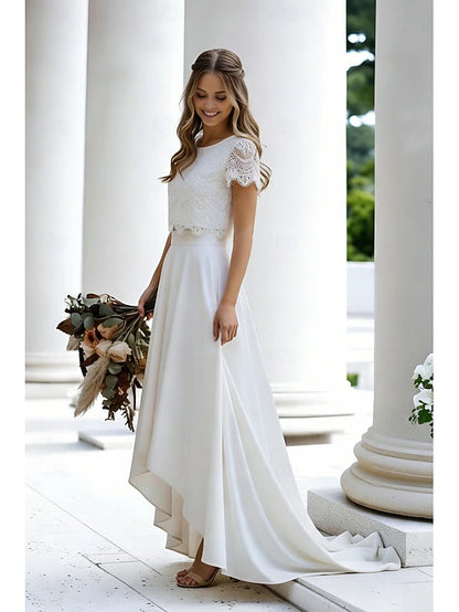 Beach Wedding Little White Dresses Wedding Dresses Two Piece Boat Neck Cap Sleeve Asymmetrical Lace Bridal Suits Bridal Gowns With Solid Color