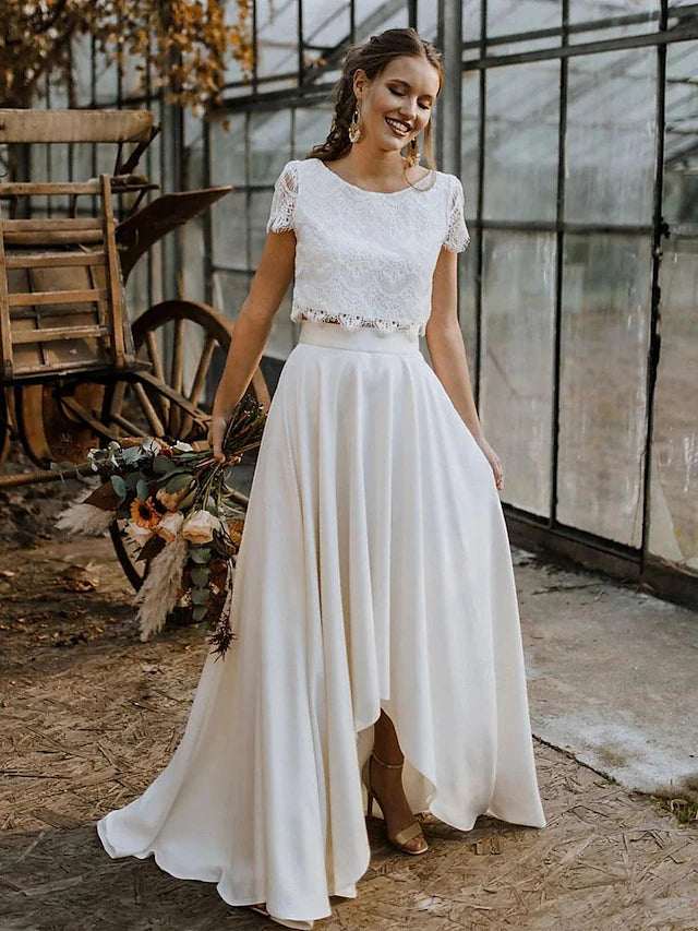 Beach Wedding Little White Dresses Wedding Dresses Two Piece Boat Neck Cap Sleeve Asymmetrical Lace Bridal Suits Bridal Gowns With Solid Color
