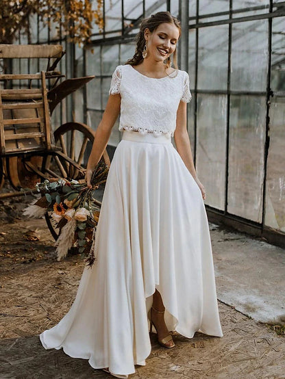 Beach Wedding Little White Dresses Wedding Dresses Two Piece Boat Neck Cap Sleeve Asymmetrical Lace Bridal Suits Bridal Gowns With Solid Color