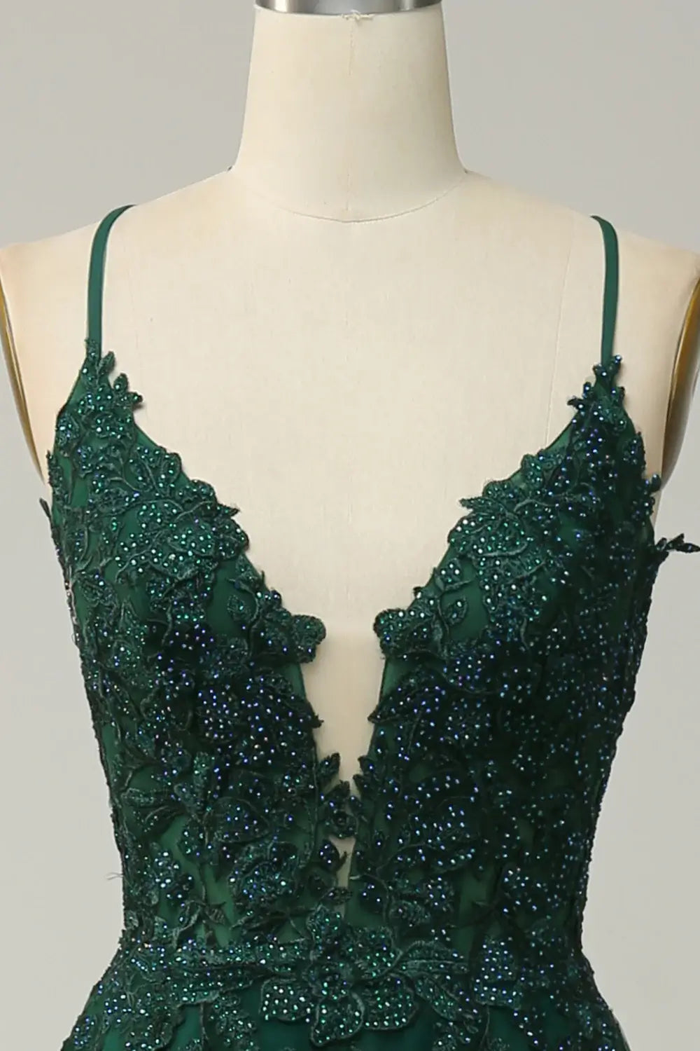 Dark Green Spaghetti Straps Appliques Tulle Prom Dress