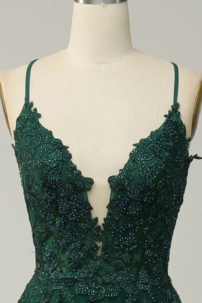 Dark Green Spaghetti Straps Appliques Tulle Prom Dress