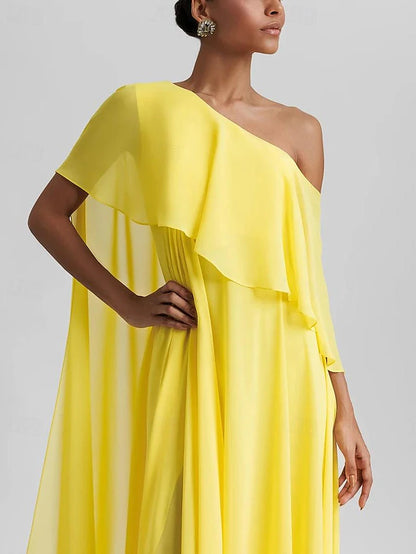 A-Line Floor Length Prom Dresses Elegant Sleeveless One Shoulder Formal Wedding Guest Stretch Chiffon with Ruffles Slit