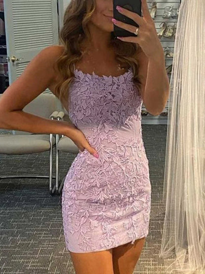 Sheath Spaghetti Straps Lace Homecoming Dress