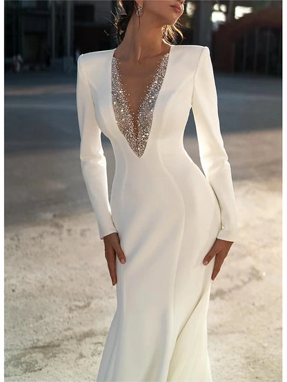 Formal Wedding Dresses Mermaid V Neck Long Sleeve Sweep / Brush Train Chiffon Bridal Gowns With Beading Solid Color