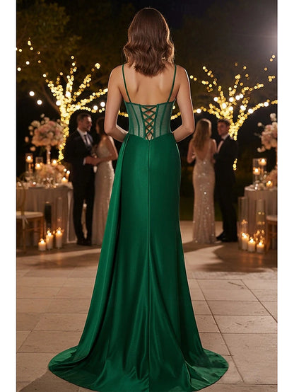 A-Line Sheath Column Floor Length Prom Dress Party Dress Overskirt Dress Evening Gown Elegant Party Glittering Sleeveless Spaghetti Strap Prom Wedding Backless with Glitter Ruched
