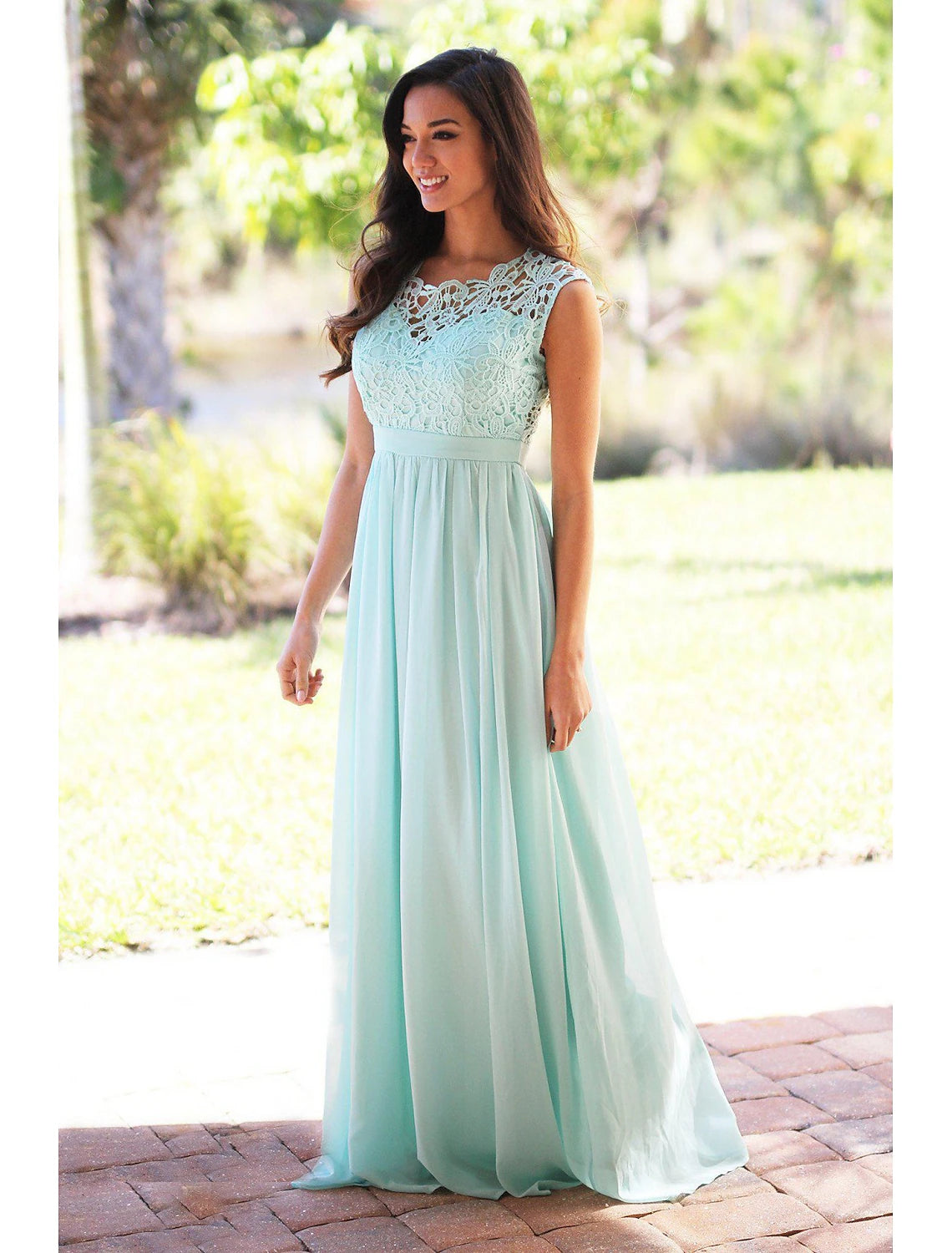 A-Line Bridesmaid Dress Jewel Neck Sleeveless Elegant Floor Length Chiffon / Lace with Sash / Ribbon / Pleats dress