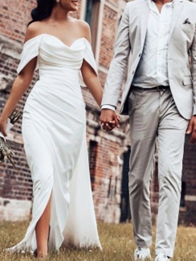 Hall Casual Simple Wedding Dresses Sheath Off Shoulder Cap Sleeve Court Train Satin Bridal Gowns With Ruched Split Front