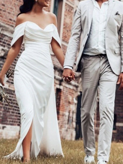 Hall Casual Simple Wedding Dresses Sheath Off Shoulder Cap Sleeve Court Train Satin Bridal Gowns With Ruched Split Front