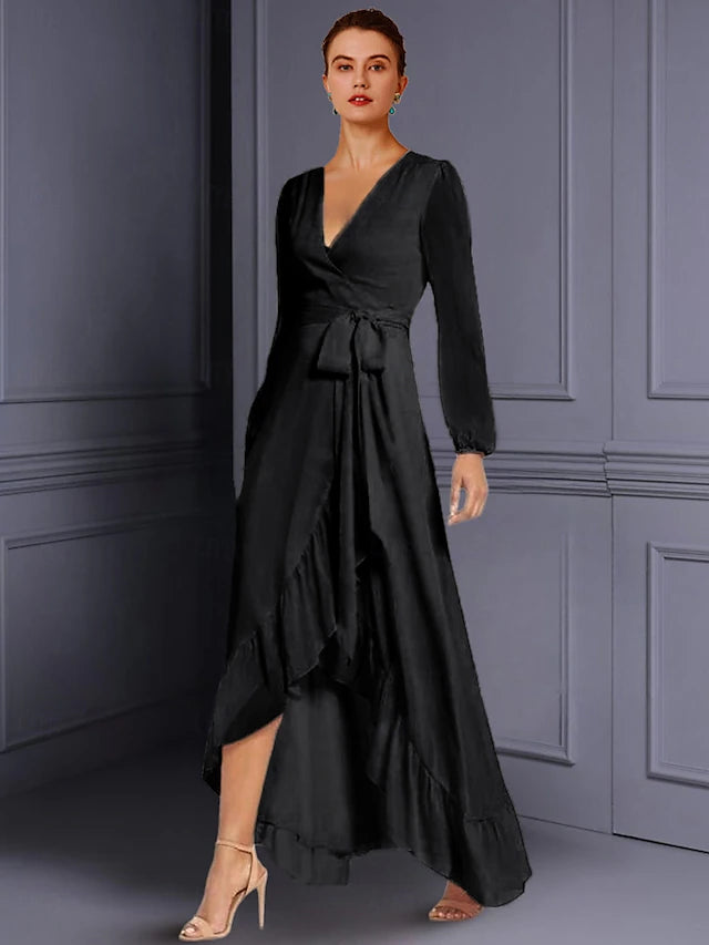 A-Line Mother of the Bride Dress Wedding Guest Elegant High Low V Neck Asymmetrical Tea Length Chiffon Long Sleeve with Ruched Split Front